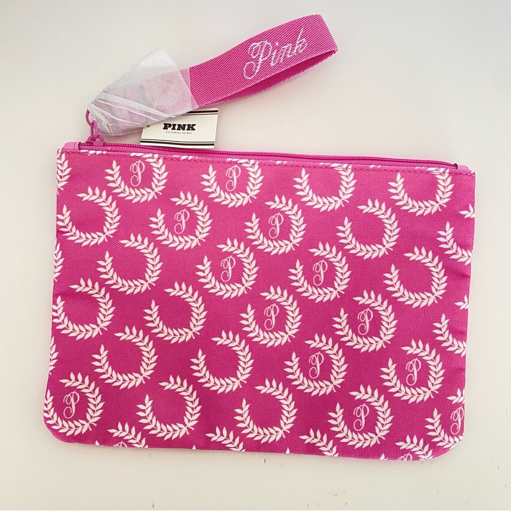 Victoria's Secret PINK Top Zipper Wristlet Cosmetic Pouch Pink and White